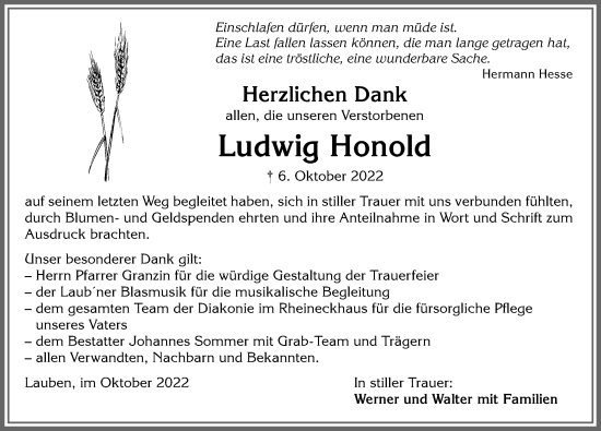 Traueranzeige von Ludwig Honold von Memminger Zeitung