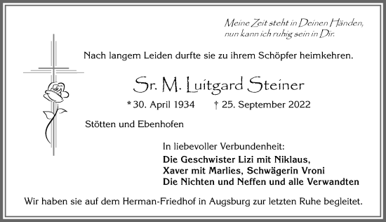 Traueranzeige von Luitgard Steiner von Allgäuer Zeitung, Marktoberdorf