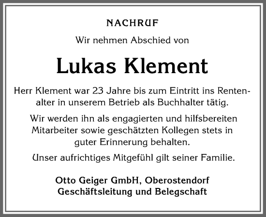 Traueranzeige von Lukas Klement von Allgäuer Zeitung, Kaufbeuren/Buchloe