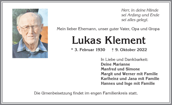 Traueranzeige von Lukas Klement von Allgäuer Zeitung, Kaufbeuren/Buchloe