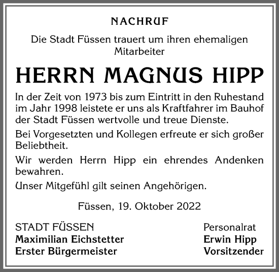 Traueranzeige von Magnus Hipp von Allgäuer Zeitung, Füssen