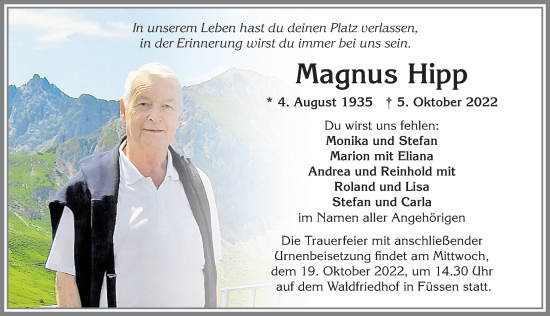 Traueranzeige von Magnus Hipp von Allgäuer Zeitung, Füssen