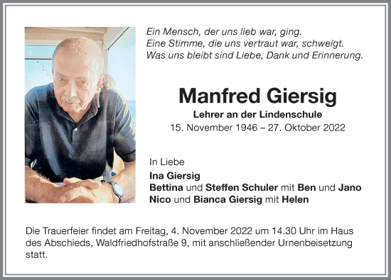 Traueranzeige von Manfred Giersig von Memminger Zeitung