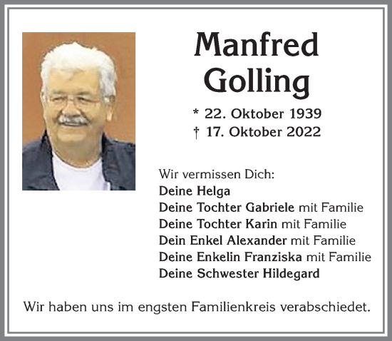 Traueranzeige von Manfred Golling von Allgäuer Zeitung, Kaufbeuren/Buchloe