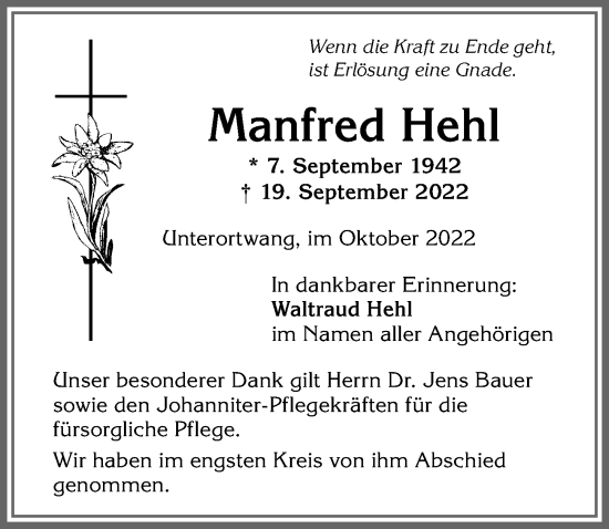 Traueranzeige von Manfred Hehl von Allgäuer Anzeigeblatt