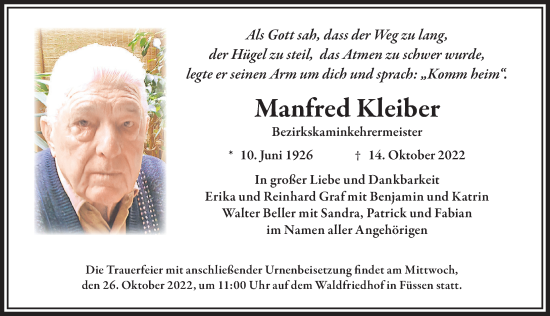 Traueranzeige von Manfred Kleiber von Allgäuer Zeitung, Füssen