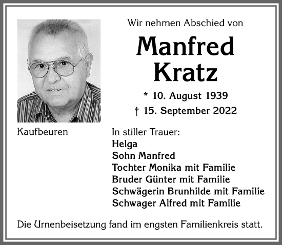 Traueranzeige von Manfred Kratz von Allgäuer Zeitung, Kaufbeuren/Buchloe