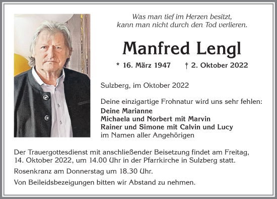 Traueranzeige von Manfred Lengl von Allgäuer Zeitung,Kempten