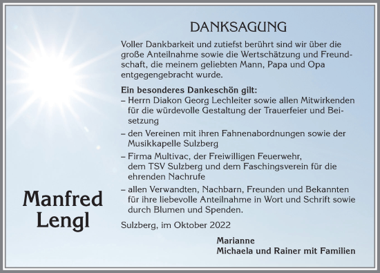 Traueranzeige von Manfred Lengl von Allgäuer Zeitung,Kempten