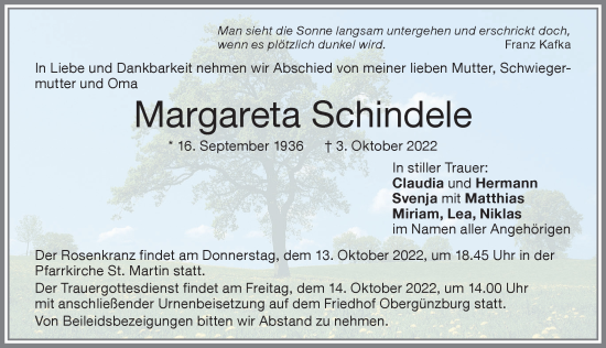 Traueranzeige von Margareta Schindele von Allgäuer Zeitung, Marktoberdorf
