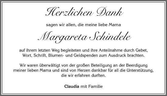 Traueranzeige von Margareta Schindele von Allgäuer Zeitung, Marktoberdorf