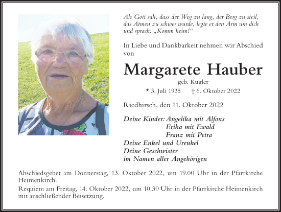 Traueranzeige von Margarete Hauber von Der Westallgäuer