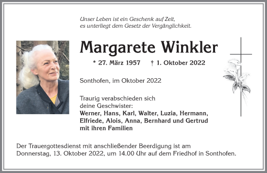Traueranzeige von Margarete Winkler von Allgäuer Anzeigeblatt