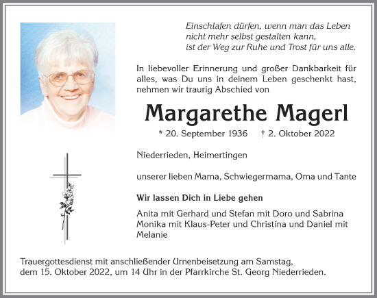 Traueranzeige von Margarethe Magerl von Memminger Zeitung