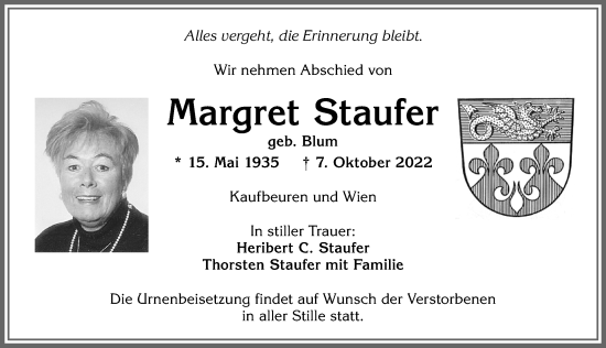 Traueranzeige von Margret Staufer von Allgäuer Zeitung, Kaufbeuren/Buchloe