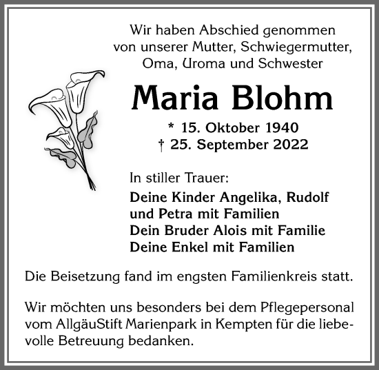 Traueranzeige von Maria Blohm von Allgäuer Zeitung,Kempten
