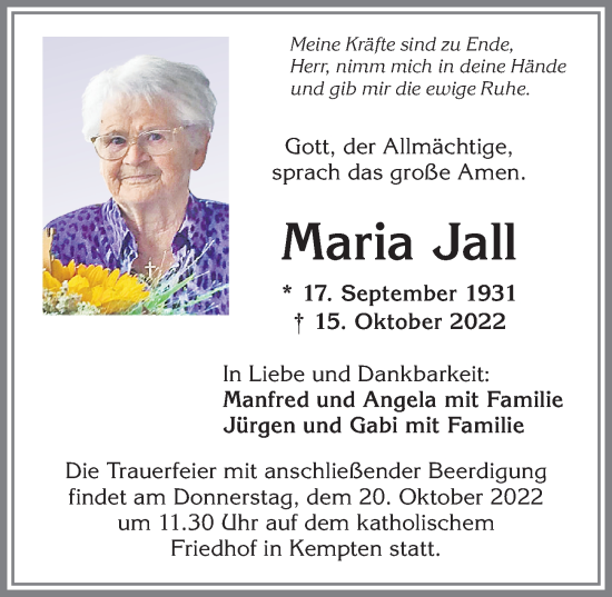 Traueranzeige von Maria Jall von Allgäuer Zeitung,Kempten