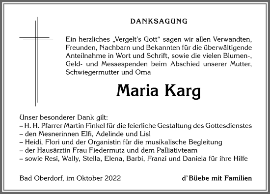 Traueranzeige von Maria Karg von Allgäuer Anzeigeblatt