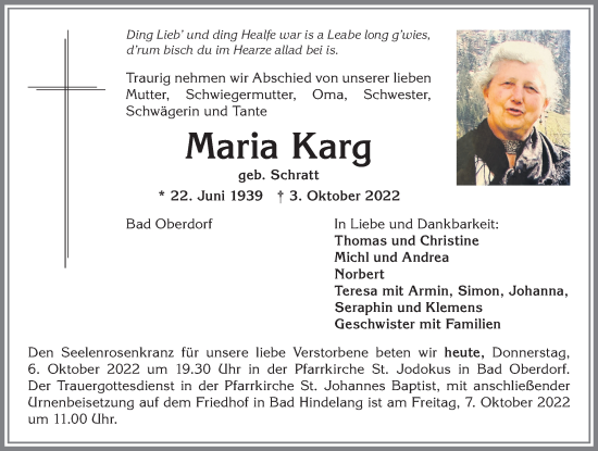 Traueranzeige von Maria Karg von Allgäuer Anzeigeblatt