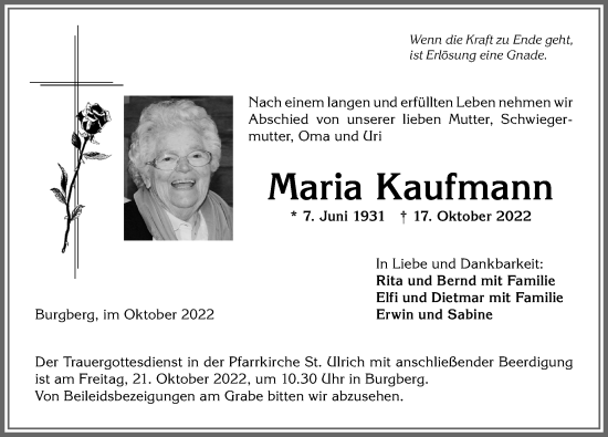 Traueranzeige von Maria Kaufmann von Allgäuer Anzeigeblatt