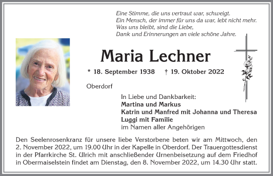 Traueranzeige von Maria Lechner von Allgäuer Anzeigeblatt