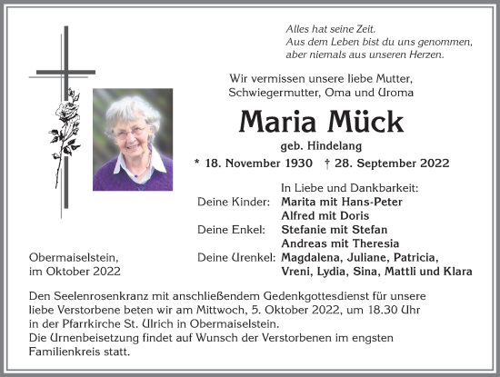 Traueranzeige von Maria Mück von Allgäuer Anzeigeblatt