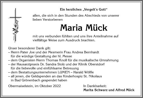 Traueranzeige von Maria Mück von Allgäuer Anzeigeblatt