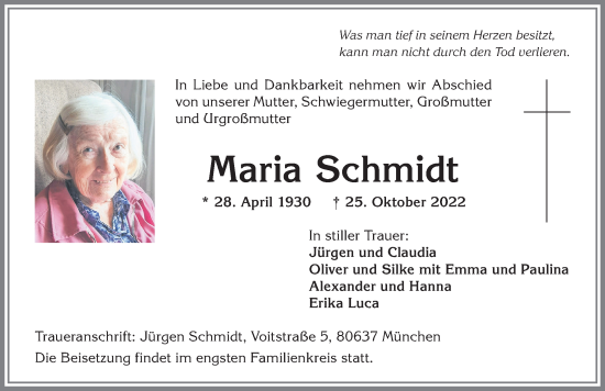 Traueranzeige von Maria Schmidt von Allgäuer Anzeigeblatt