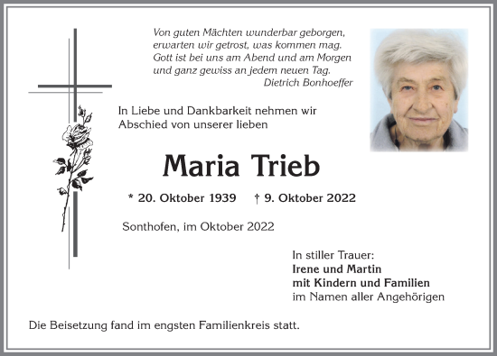 Traueranzeige von Maria Trieb von Allgäuer Anzeigeblatt