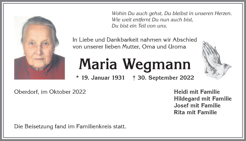  Traueranzeige für Maria Wegmann vom 12.10.2022 aus Allgäuer Zeitung,Kempten