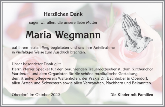 Traueranzeige von Maria Wegmann von Allgäuer Zeitung,Kempten