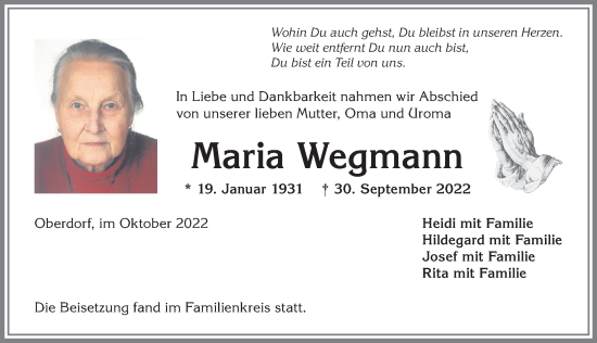 Traueranzeige von Maria Wegmann von Allgäuer Zeitung,Kempten