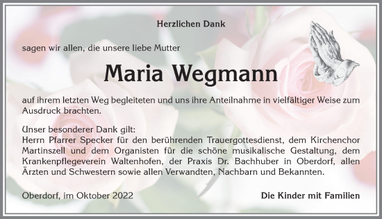 Traueranzeige von Maria Wegmann von Allgäuer Anzeigeblatt