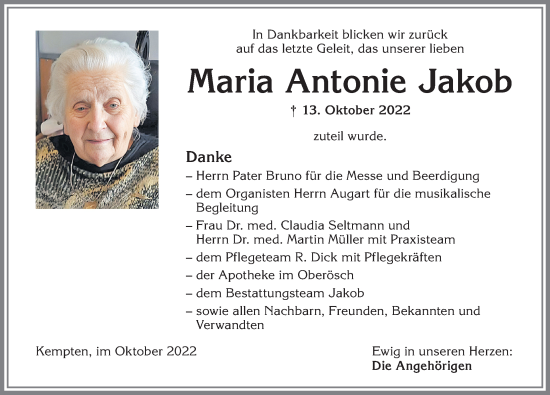 Traueranzeige von Maria Antonie Jakob von Allgäuer Zeitung,Kempten