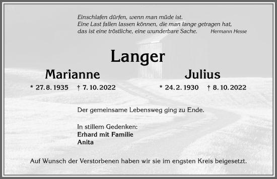 Traueranzeige von Marianne Langer von Allgäuer Anzeigeblatt