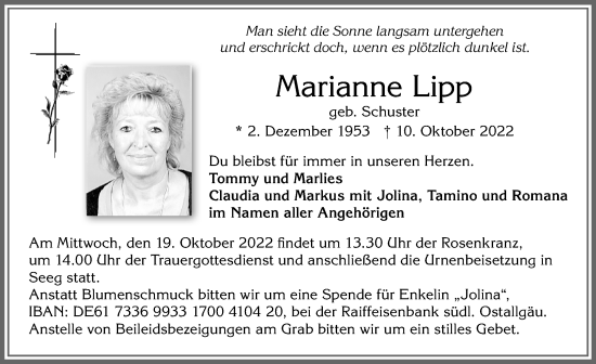 Traueranzeige von Marianne Lipp von Allgäuer Zeitung, Füssen