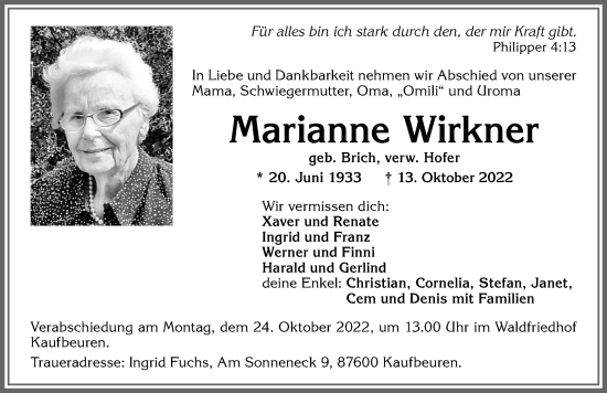Traueranzeige von Marianne Wirkner von Allgäuer Zeitung, Kaufbeuren/Buchloe