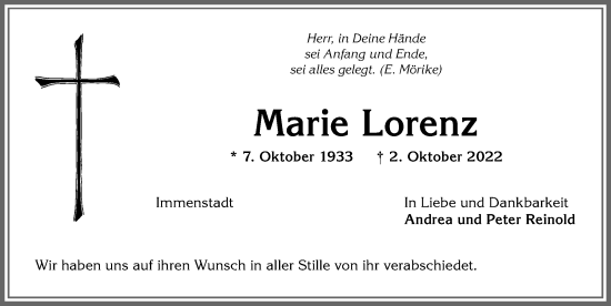 Traueranzeige von Marie Lorenz von Allgäuer Anzeigeblatt