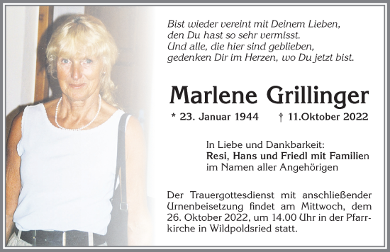 Traueranzeige von Marlene Grillinger von Allgäuer Zeitung,Kempten
