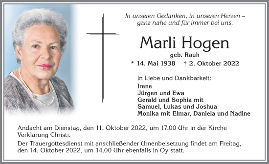 Traueranzeige von Marli Hogen von Allgäuer Zeitung,Kempten