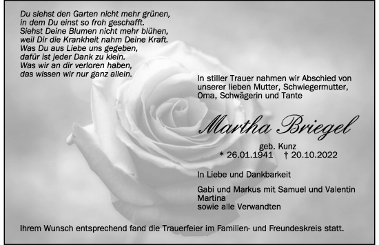 Traueranzeige von Martha Briegel von Der Westallgäuer