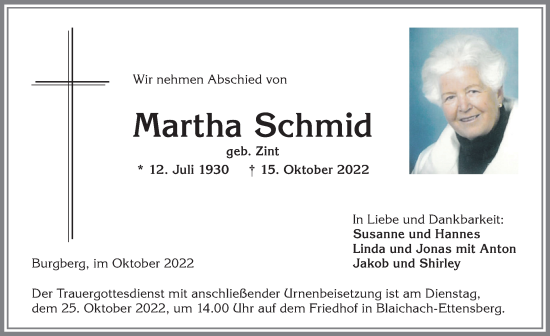 Traueranzeige von Martha Schmid von Allgäuer Anzeigeblatt