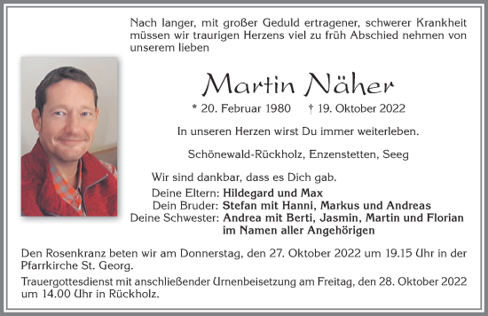 Traueranzeige von Martin Näher von Allgäuer Zeitung, Füssen