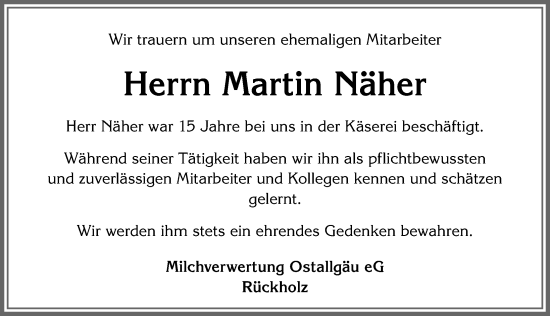 Traueranzeige von Martin Näher von Allgäuer Zeitung, Füssen