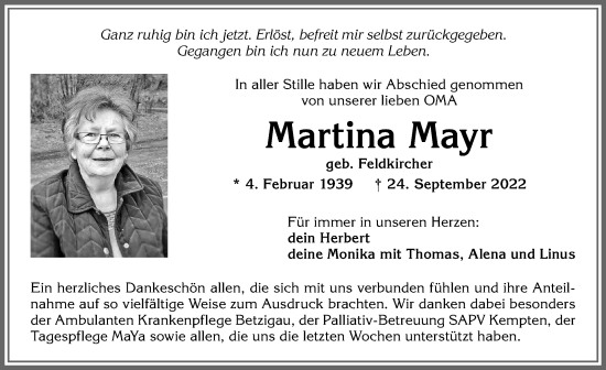 Traueranzeige von Martina Mayr von Allgäuer Zeitung,Kempten