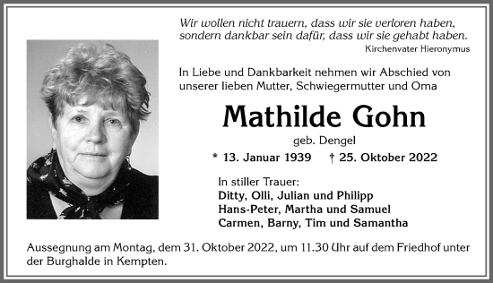 Traueranzeige von Mathilde Gohn von Allgäuer Zeitung,Kempten