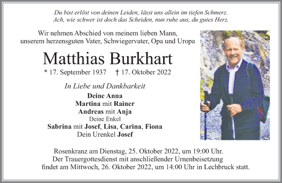 Traueranzeige von Matthias Burkhart von Allgäuer Zeitung, Füssen