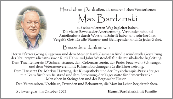 Traueranzeige von Max Bardzinski von Allgäuer Zeitung, Füssen