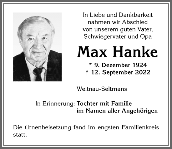 Traueranzeige von Max Hanke von Allgäuer Zeitung,Kempten