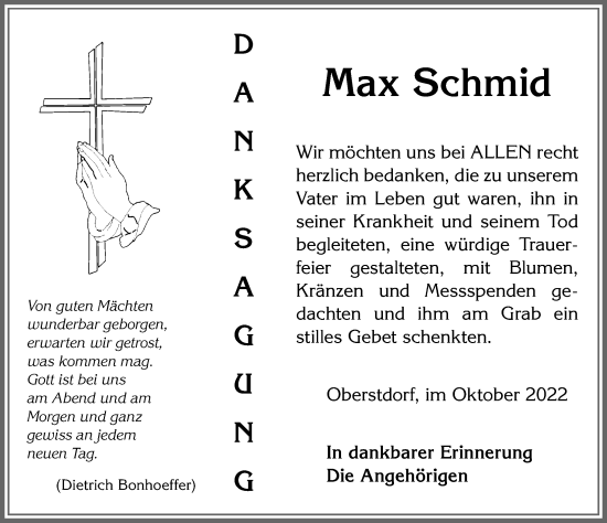 Traueranzeige von Max Schmid von Allgäuer Anzeigeblatt